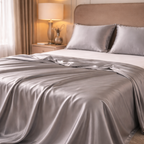 Gray satin blanket draped over a bed in a bedroom setting.