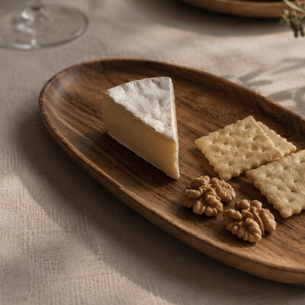 Nice closeup of wooden tray on nice table with cheese crackers and nuts on it. 