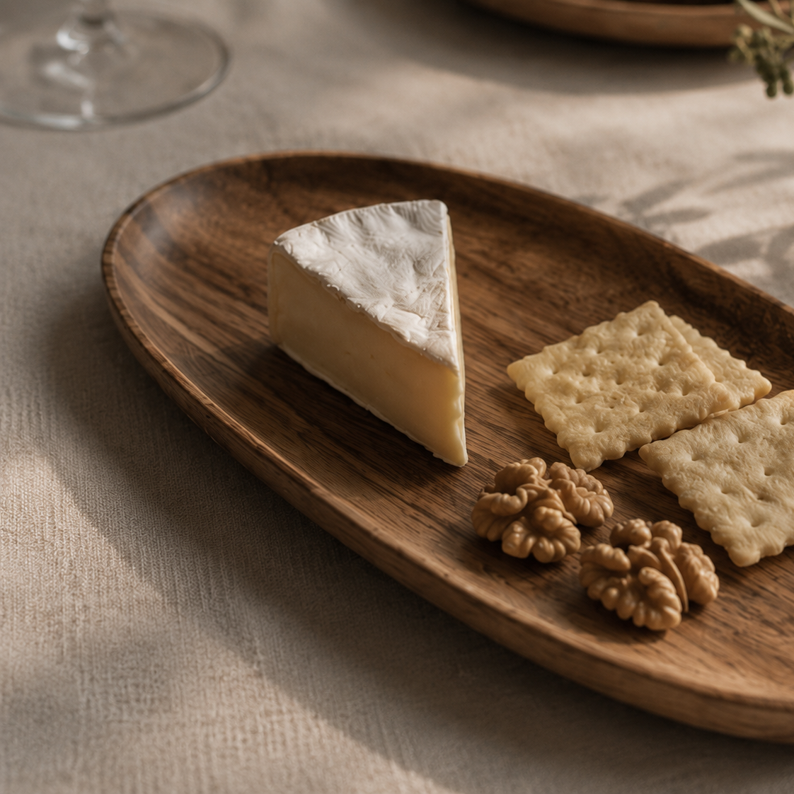 Nice closeup of wooden tray on nice table with cheese crackers and nuts on it. 