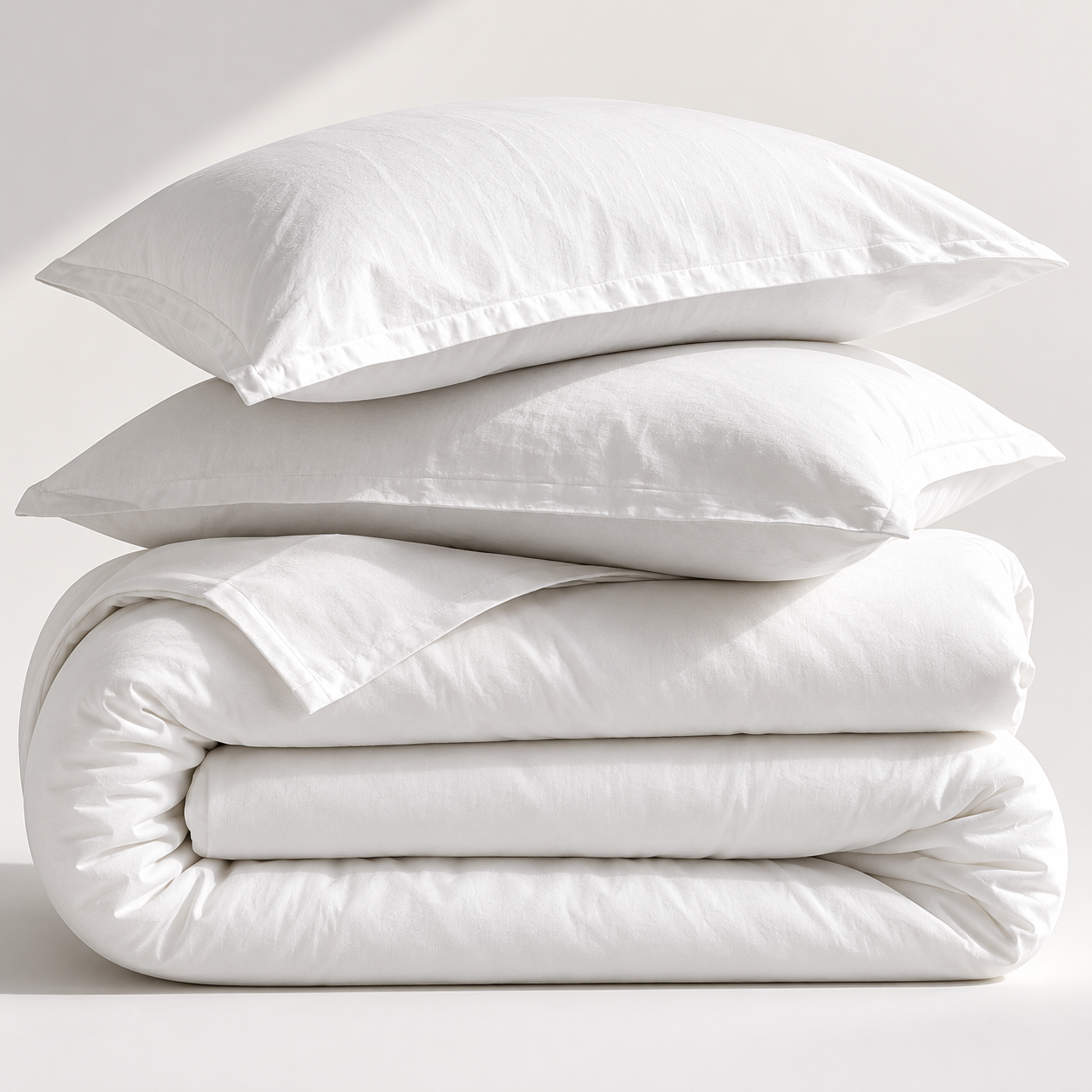Folded white comforter with two pillows on a light gray background