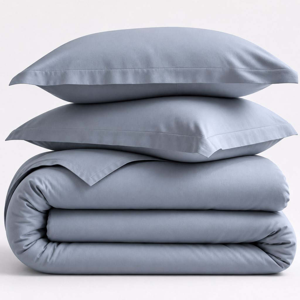 Stack of light blue cotton bedding including a duvet and two pillows on a white background
