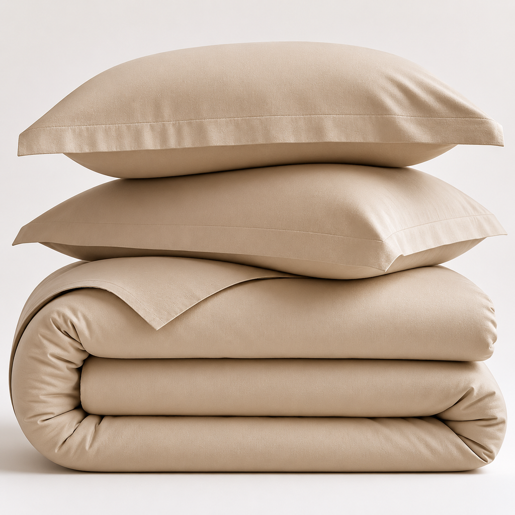 Beige cotton bedding set with two pillows and a duvet on a white background