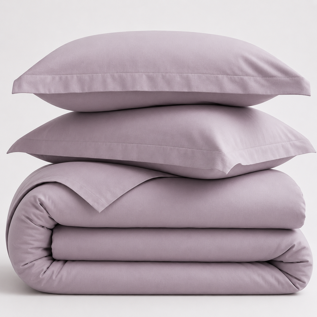 Folded purple cotton comforter with two pillows on a white background