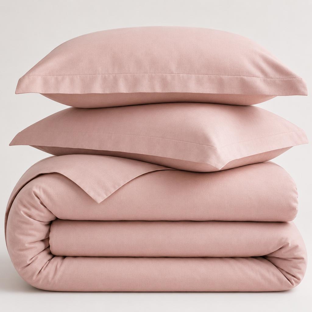 Stack of pink cotton bedding with two cotton pillows on a light gray background