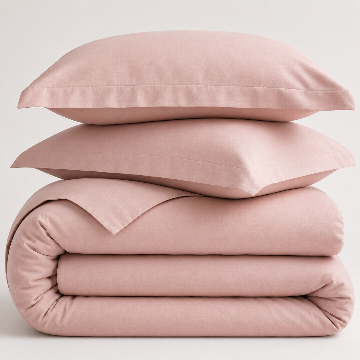 Stack of pink cotton bedding with two cotton pillows on a light gray background
