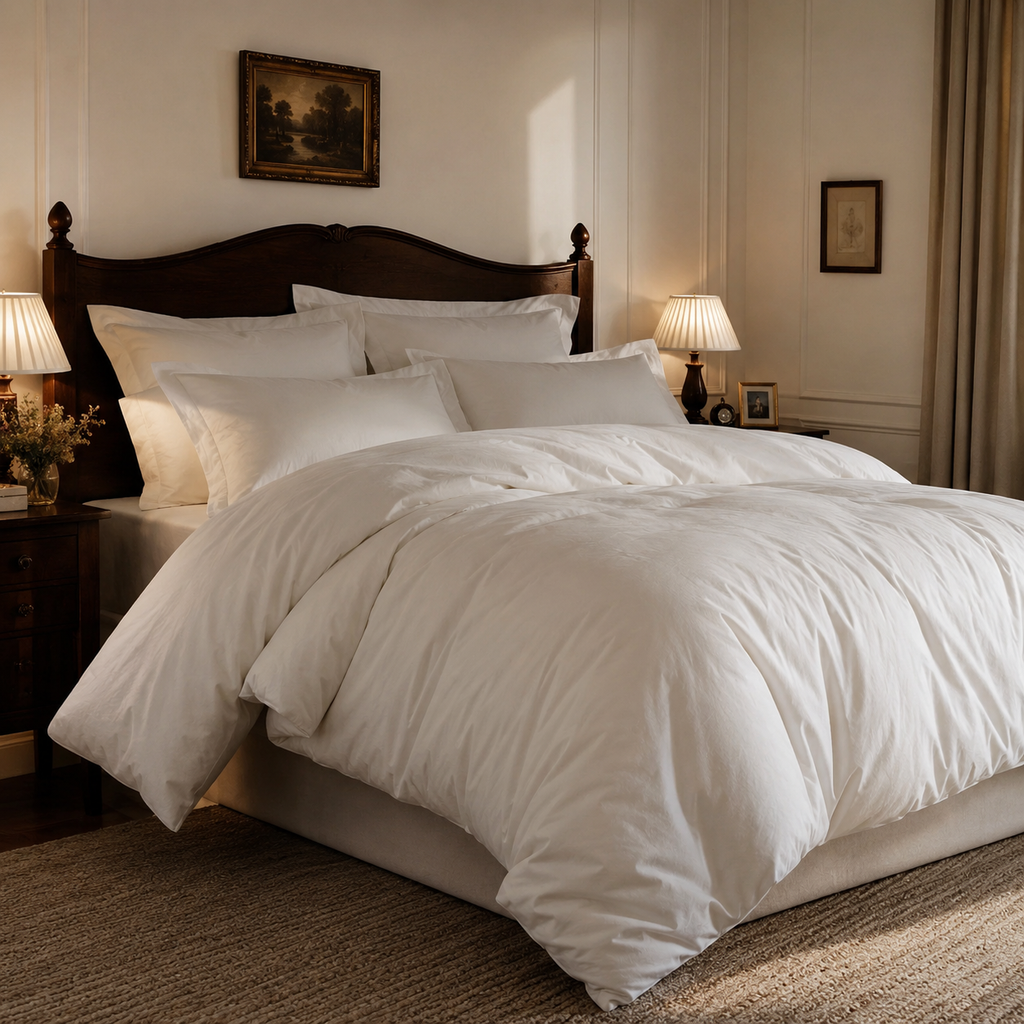 Neatly made bed with white bedding in a bedroom setting.