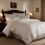 Neatly made bed with white bedding in a bedroom setting.