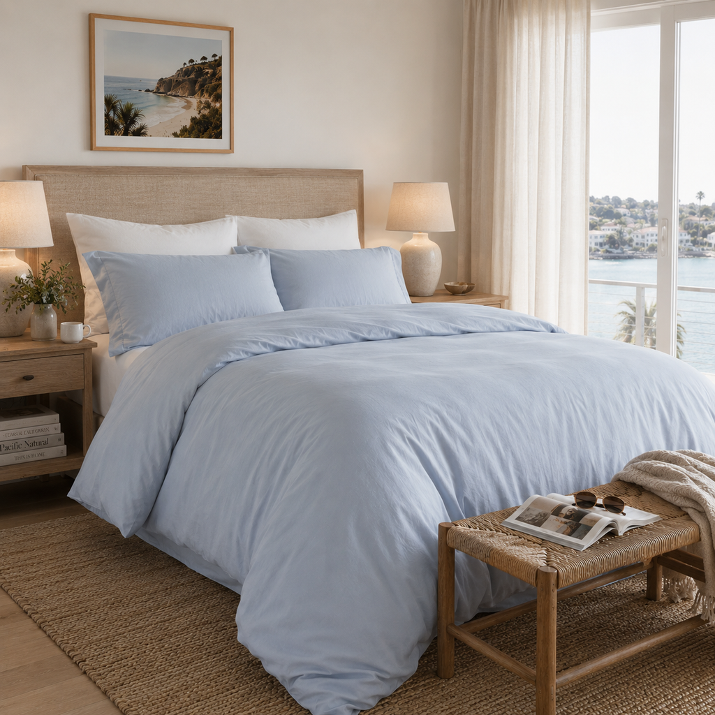 Bedroom with light blue bedding, wooden headboard, and large window with view.