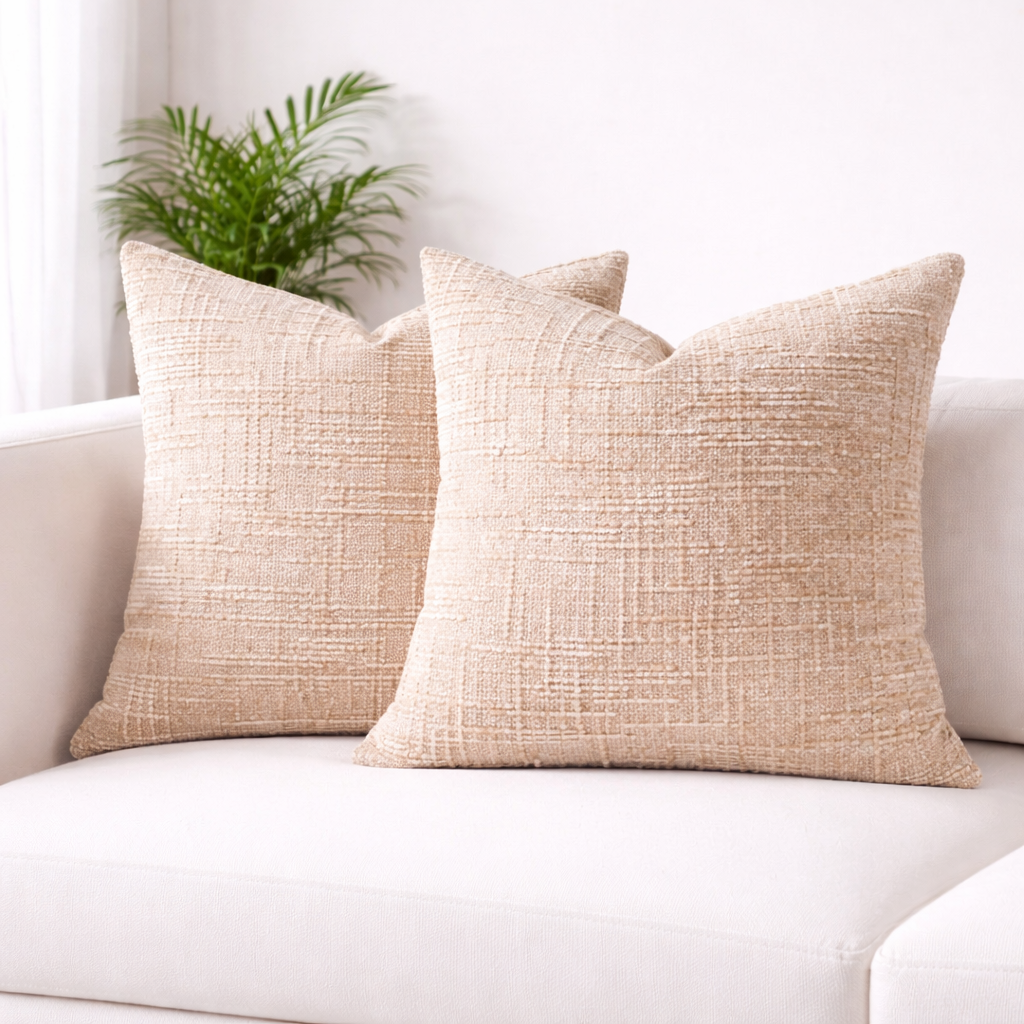 Two beige textured pillows on a white sofa with a plant in the background