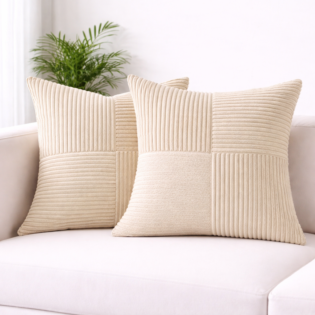 Two beige textured pillows on a white couch with a plant in the background