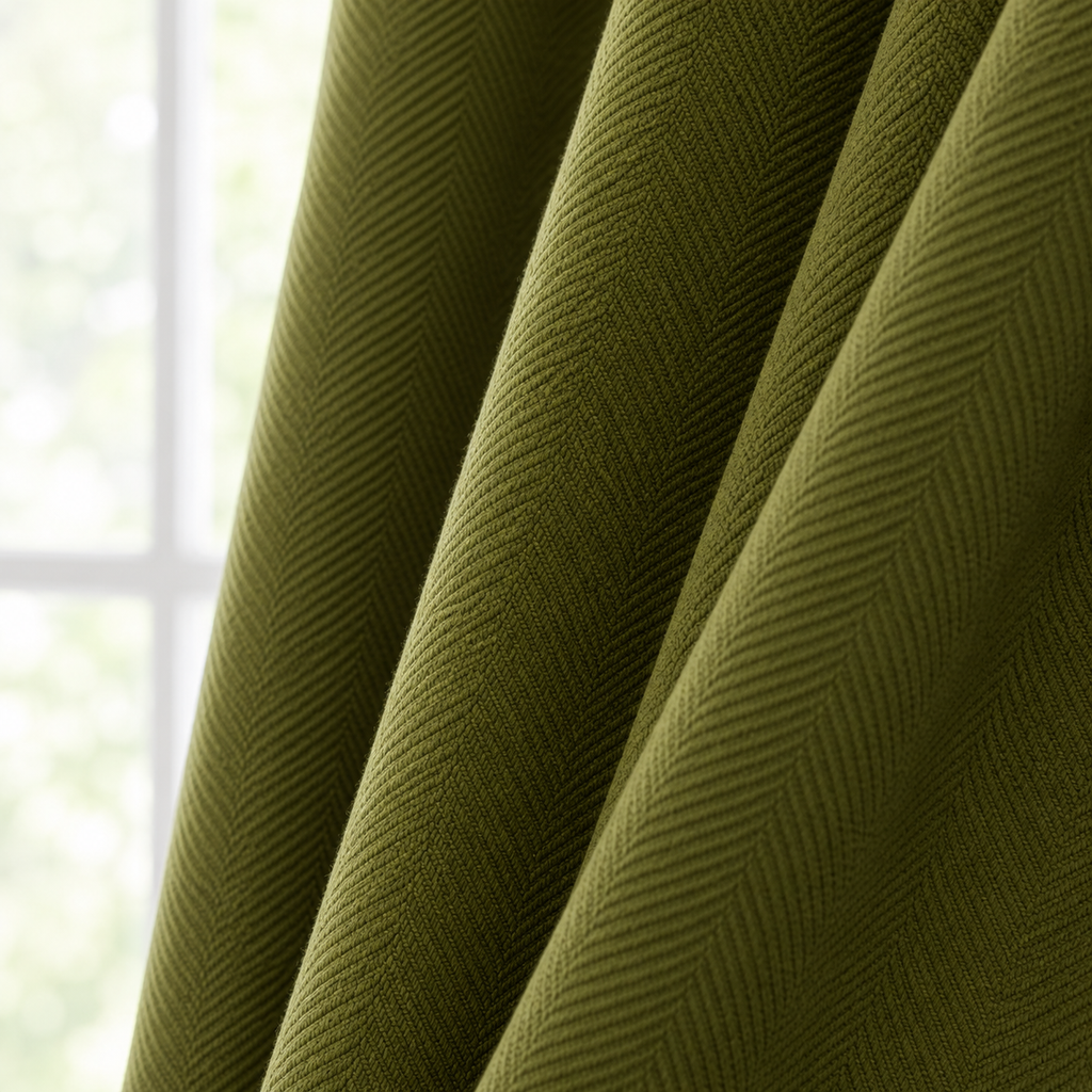 Herringbone Blackout Curtain Panel in a nice olive green color.