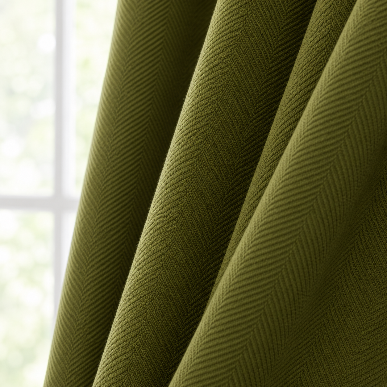 Herringbone Blackout Curtain Panel in a nice olive green color.