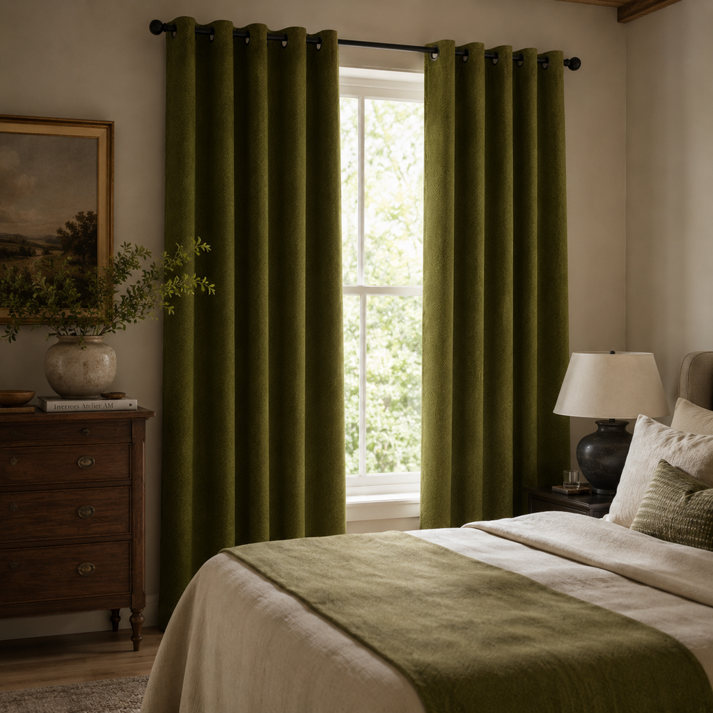 Herringbone Blackout Curtain Panel – Heavyweight Textured Curtain, Grommet top attachment in nice bedroom.