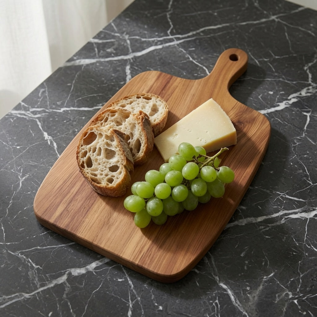 Wooden cutting board with bread and cheese on a marble surface