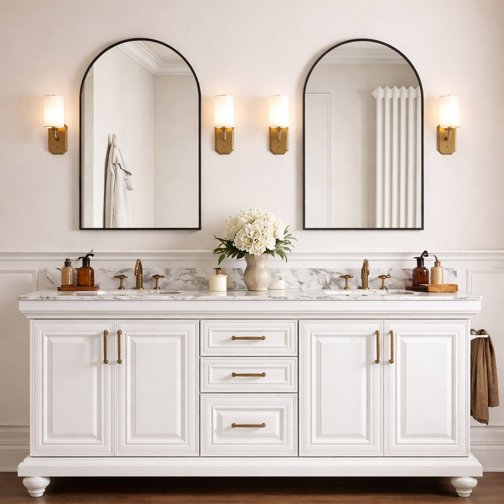 Bathroom vanity with two mirrors, lights, and decorative items.