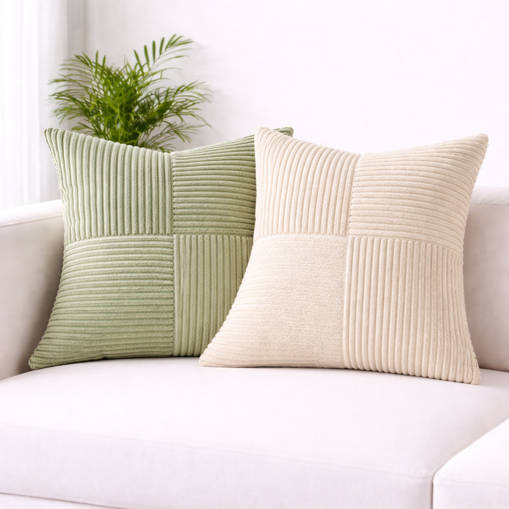 Two textured pillows, one green and one beige, on a white couch with a plant in the background.