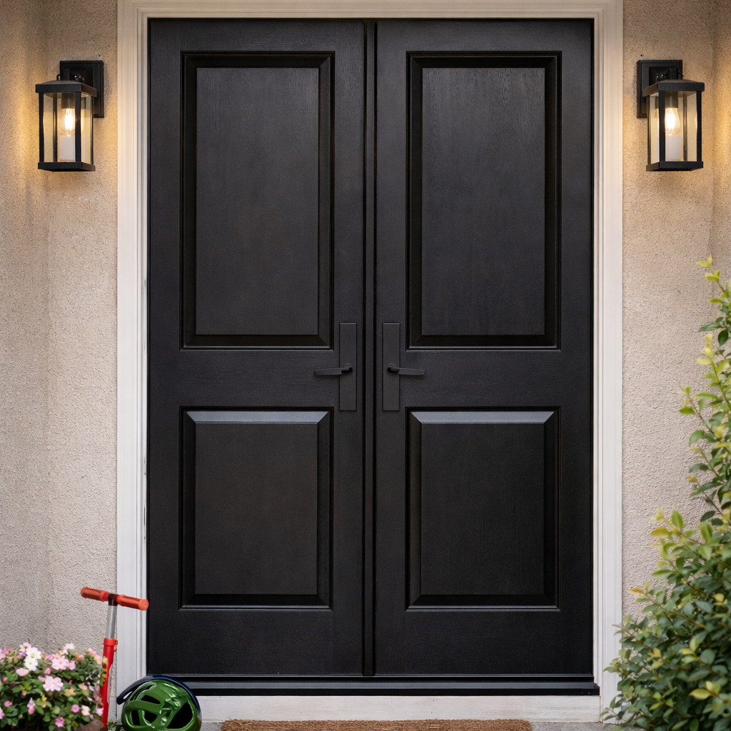 Black double door entrance with decorative elements on a beige wall.