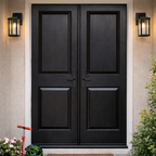 Black double door entrance with decorative elements on a beige wall.