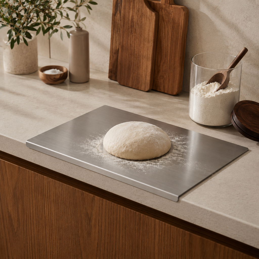 Bread dough on a metal tray with flour on a kitchen counter.