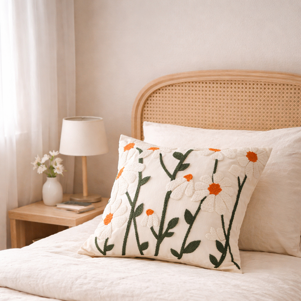 Decorative pillow with floral pattern on a bed in a bedroom setting
