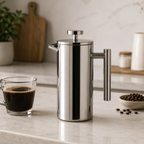 Stainless steel French press on a kitchen counter with a glass of coffee and coffee beans.