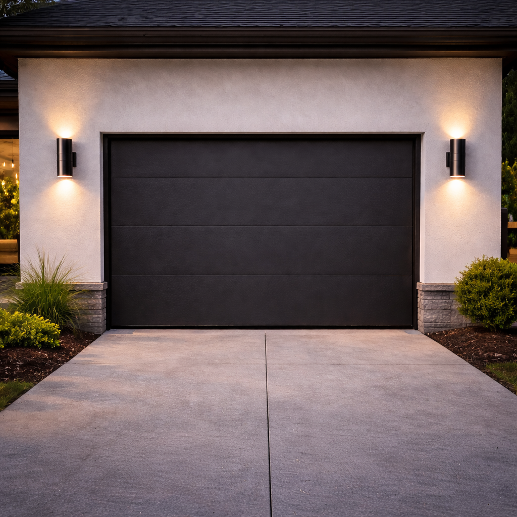 Modern black garage door on a house with illuminated wall sconces.