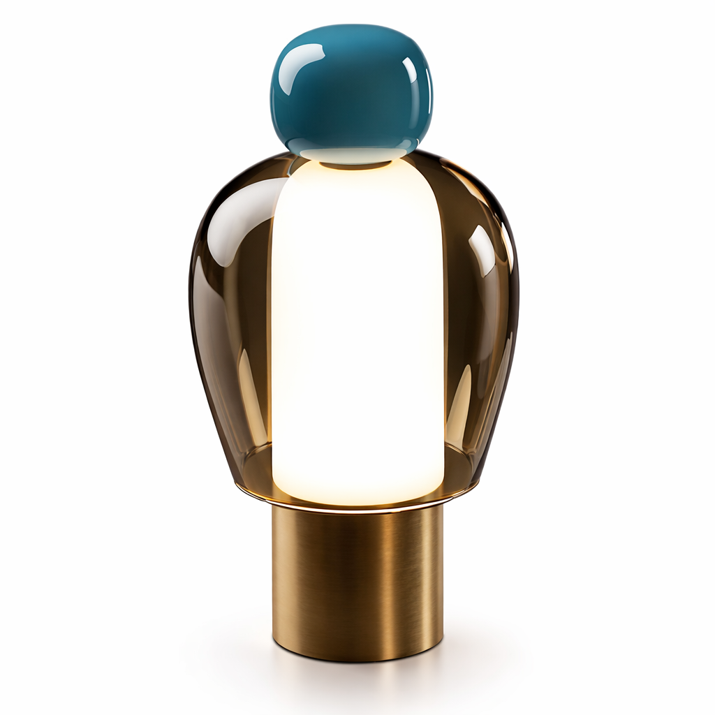 Modern table lamp with a blue top and gold base on a white background