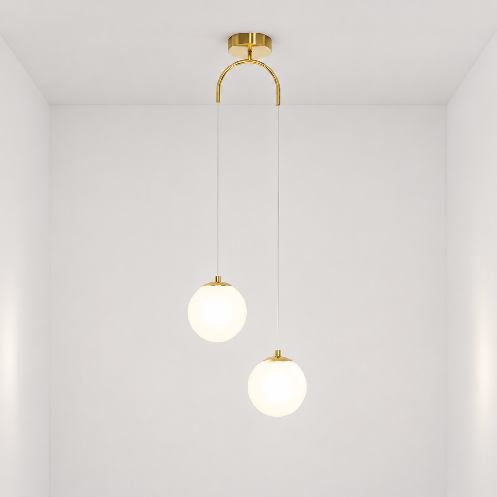 Double Globe Pendant Light – Modern Frosted Glass Ceiling Lamp with Arch Mount Foryuni