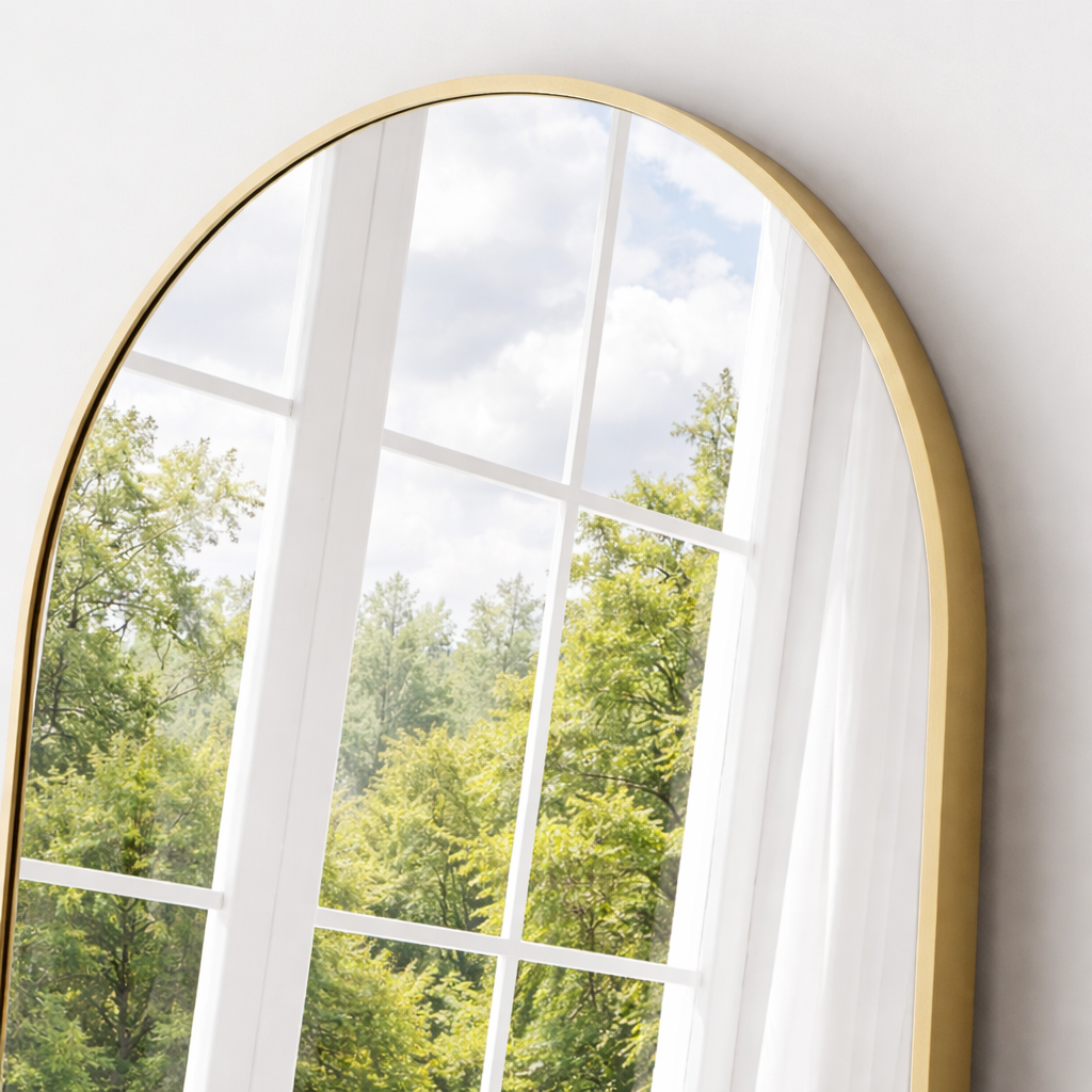 Gold-framed mirror reflecting a window with white curtains and green trees outside.