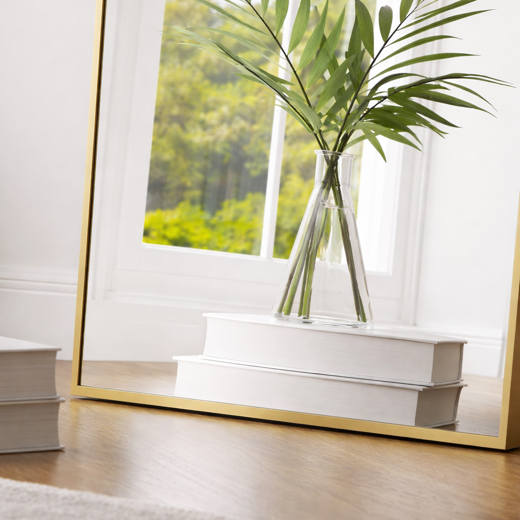 Vase with green plant reflection in a large mirror on a white surface.
