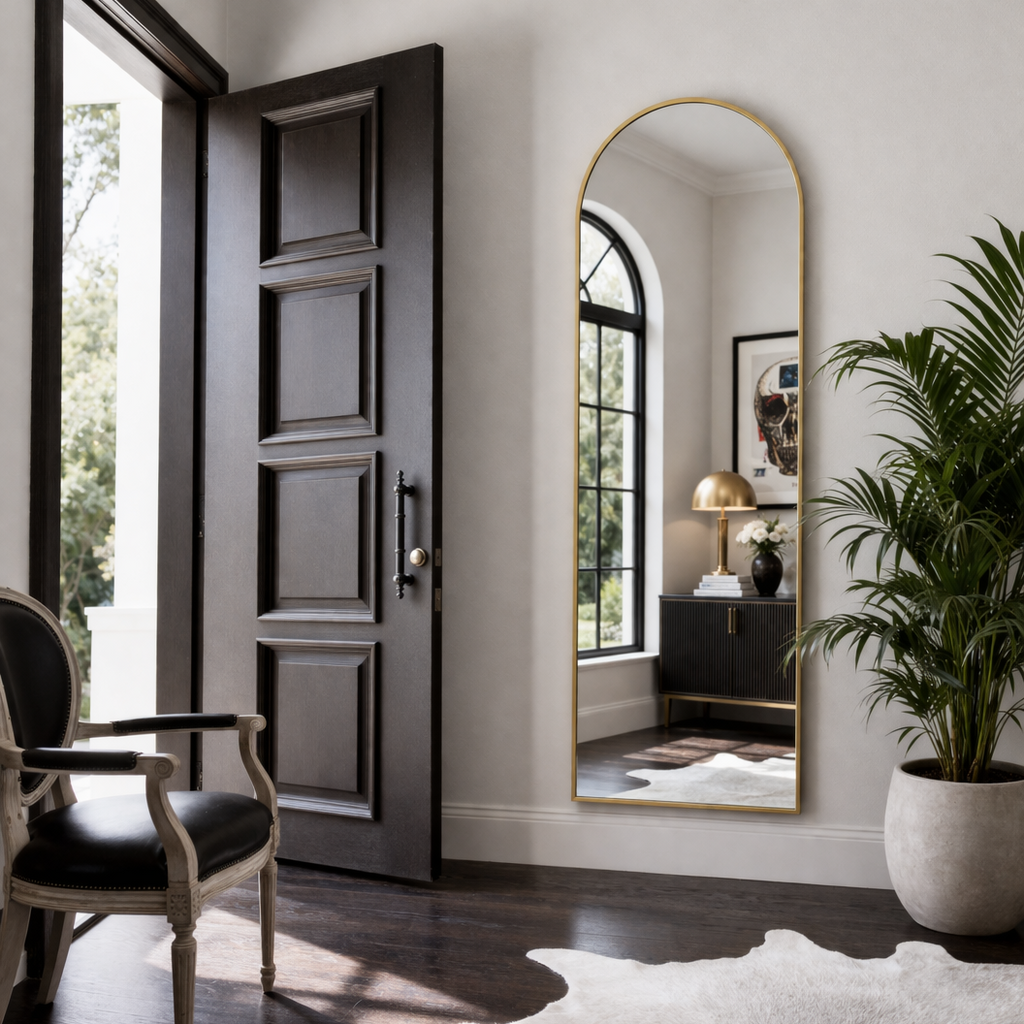 Modern interior with a dark wooden door, floor mirror, and decorative elements.