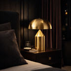 Gold table lamp on a nightstand next to a bed in a dimly lit room