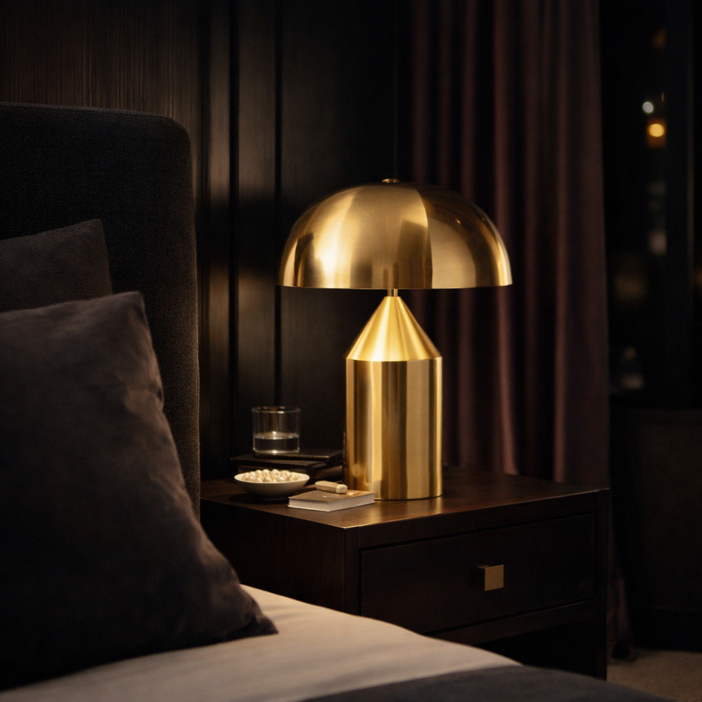 Gold table lamp on a nightstand next to a bed in a dimly lit room