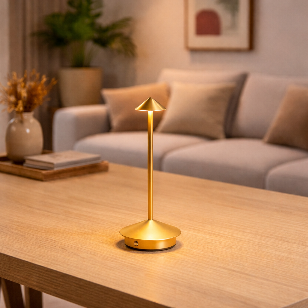 Gold table lamp on a wooden surface with a blurred living room background