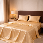 Gold satin bedding on a bed in a bedroom setting