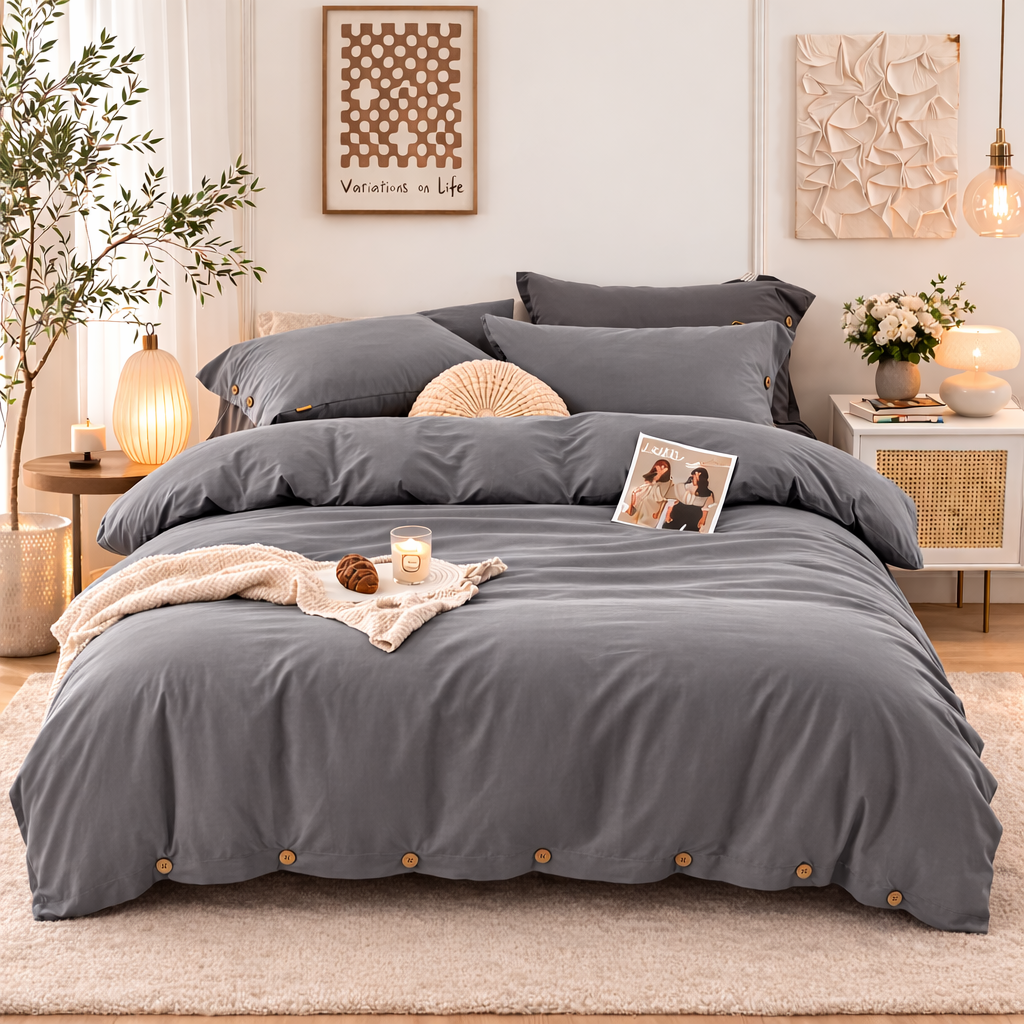 Gray bedding set on a bed in a bedroom with decorative elements.
