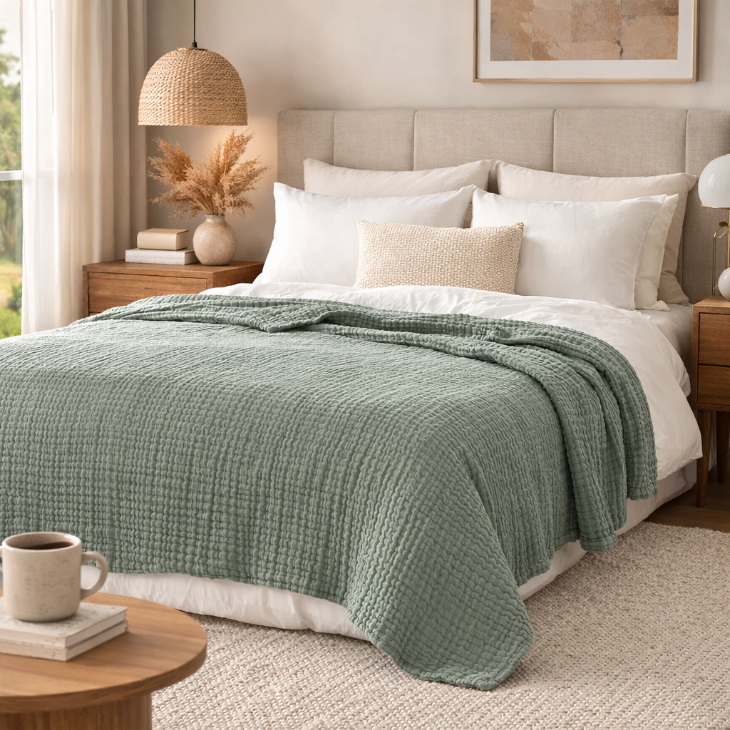 NIce green blanket throw on a soft bed for summer. 