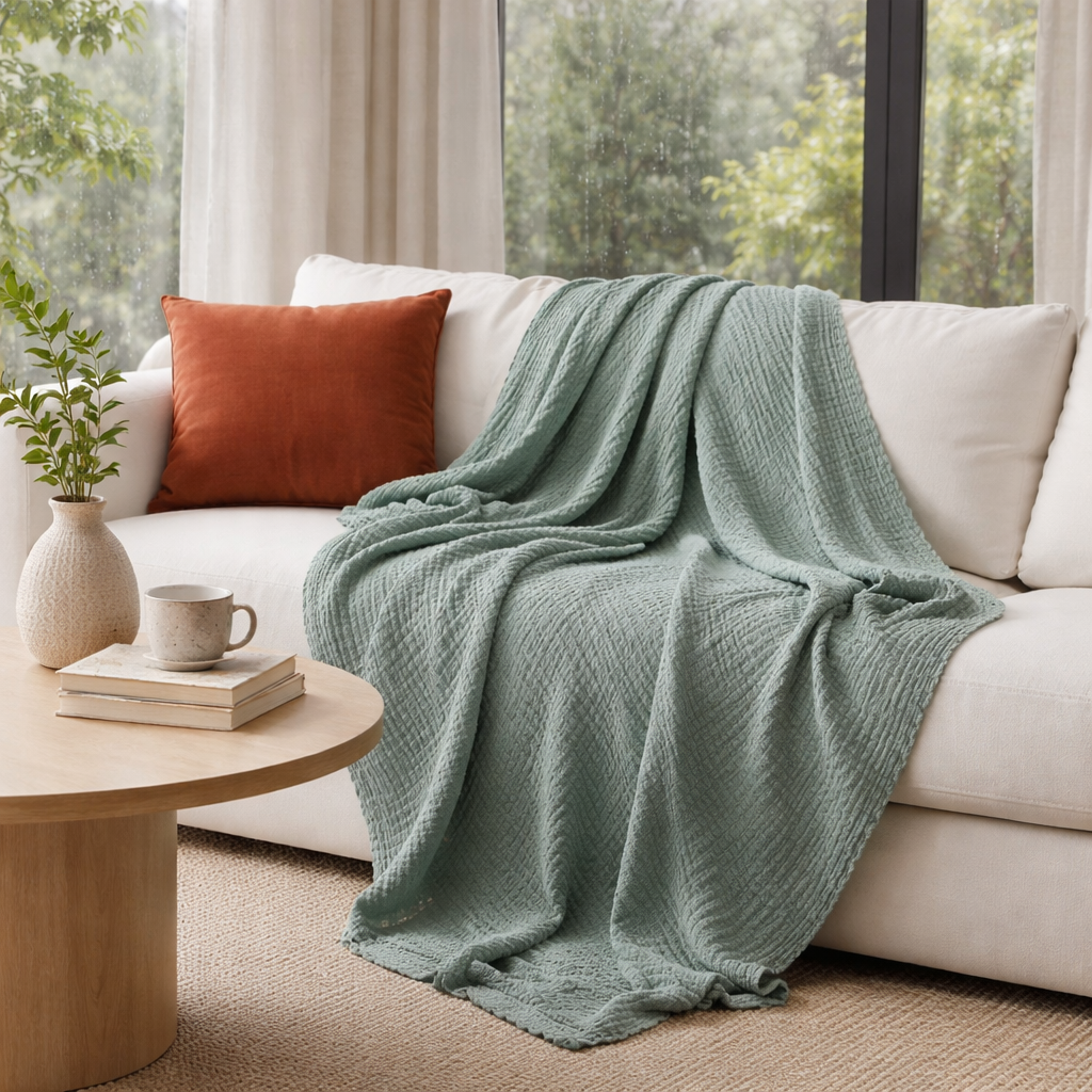 Nice soft cotton throw on white couch in homey home. 