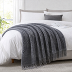 Gray blanket throw on a white bed. 