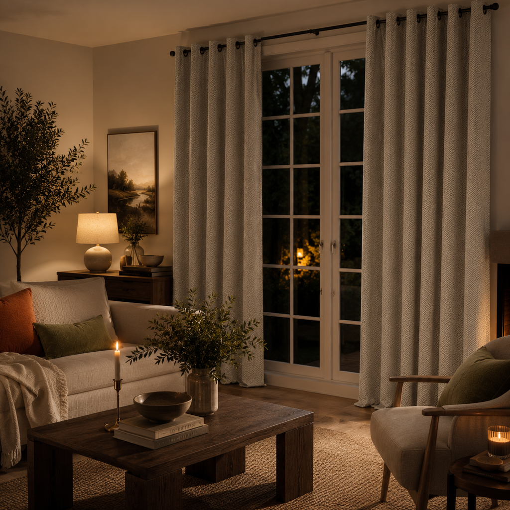Modern home living room in Herringbone Chenille Curtain Panel – Heavyweight Textured Blackout Curtain, Grommet or Rod Pocket Foryuni