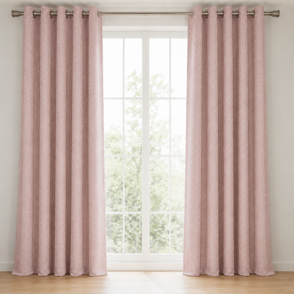Pink curtains hanging in front of a window with a light background
