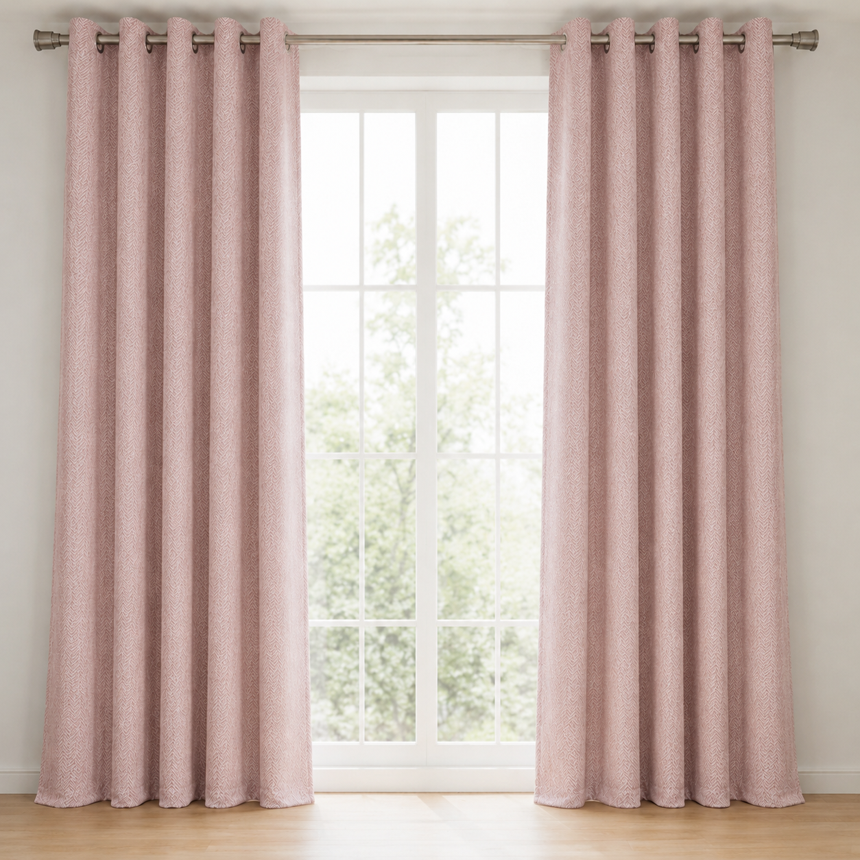 Pink curtains hanging in front of a window with a light background