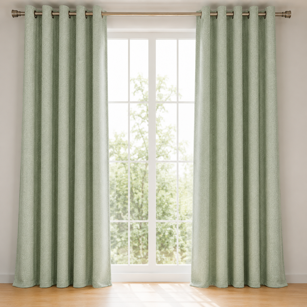 Pair of green curtains with metallic rings on a window with a view of trees.