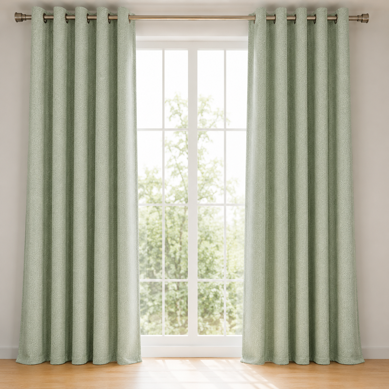 Pair of green curtains with metallic rings on a window with a view of trees.