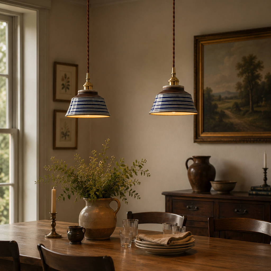 Dining room with wooden table, chairs, and hanging pendant lights.