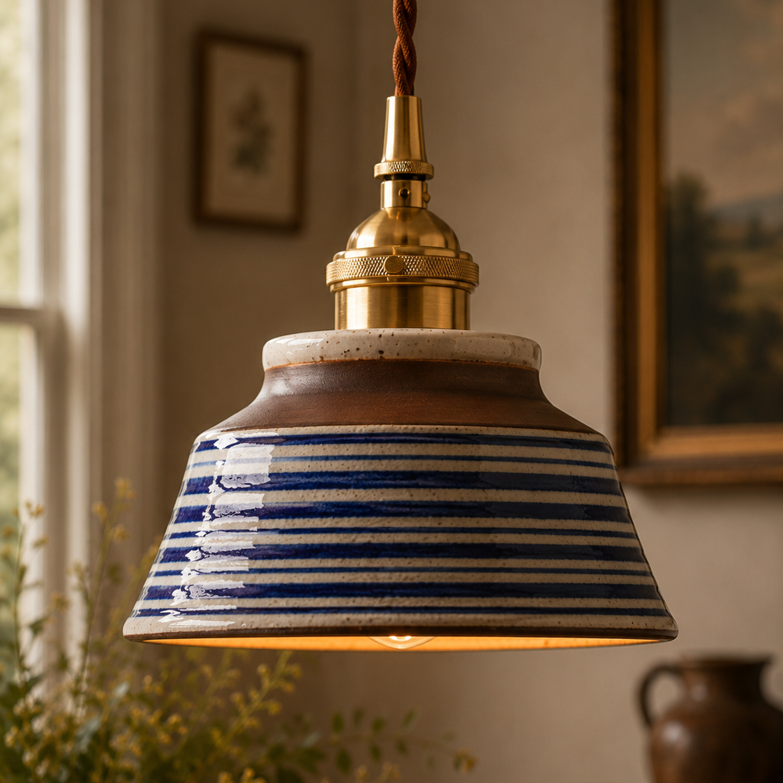 Pendant light with striped shade in a warm, indoor setting