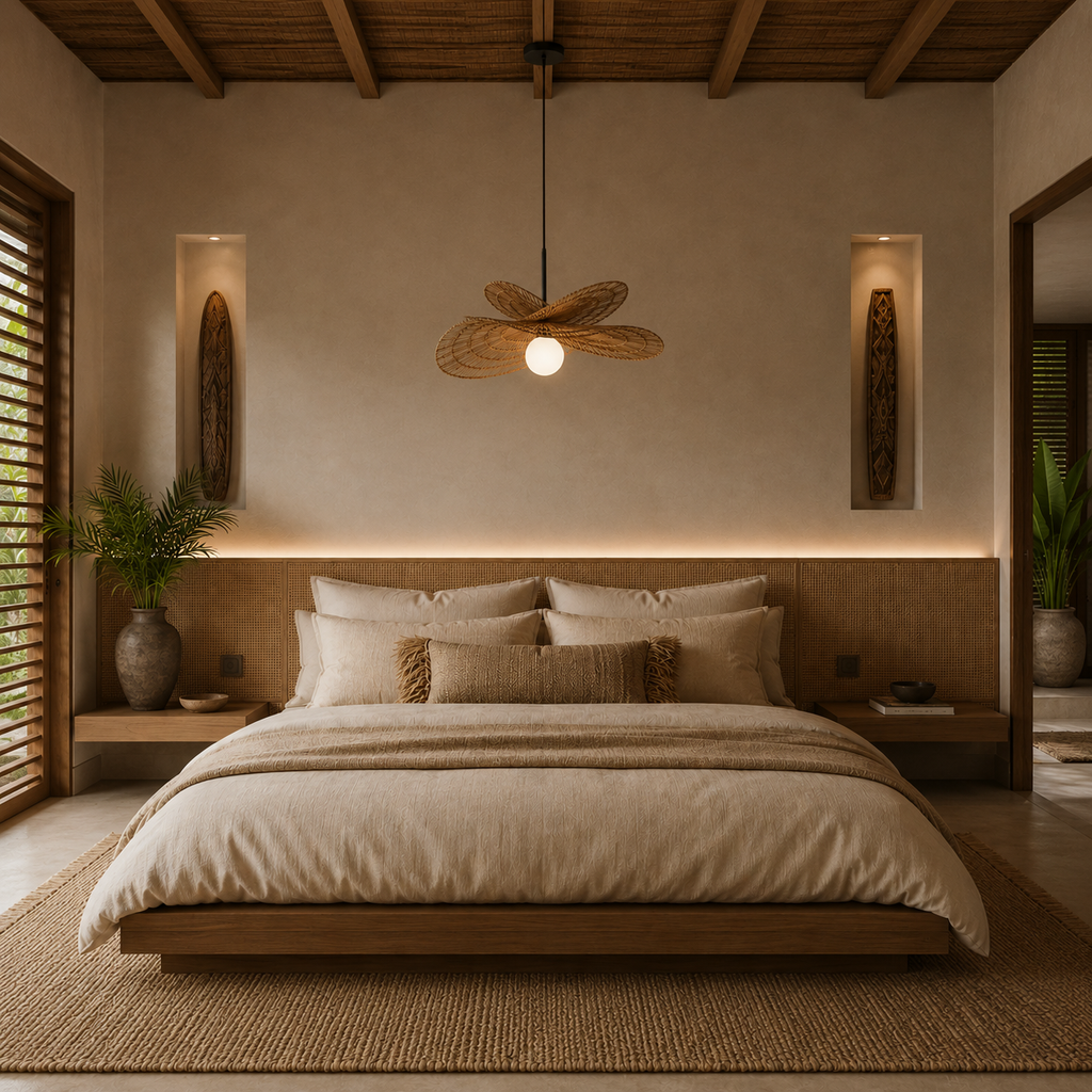Woven Double Tiered Pendant Light Jute in nice bali style bedroom.