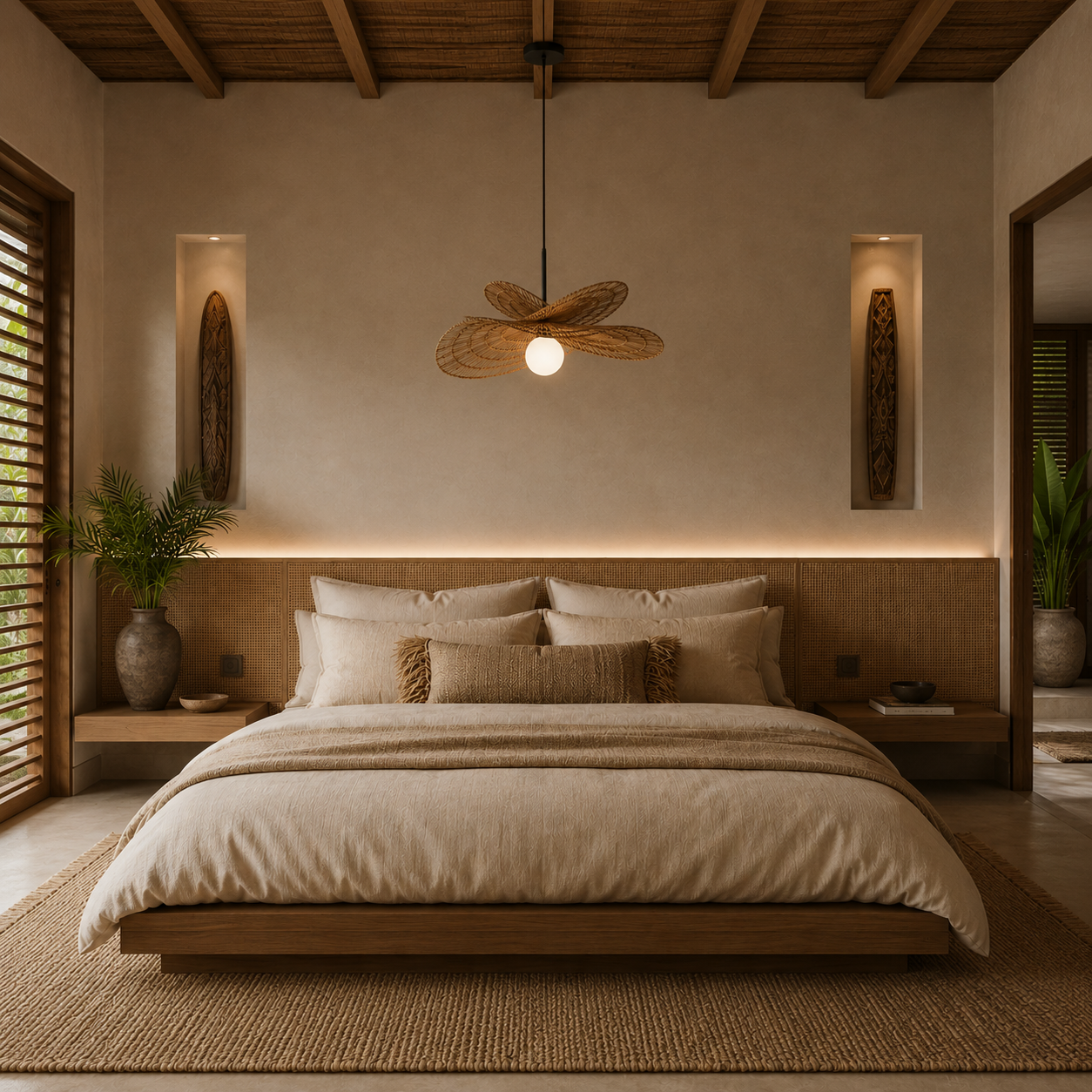 Woven Double Tiered Pendant Light Jute in nice bali style bedroom.