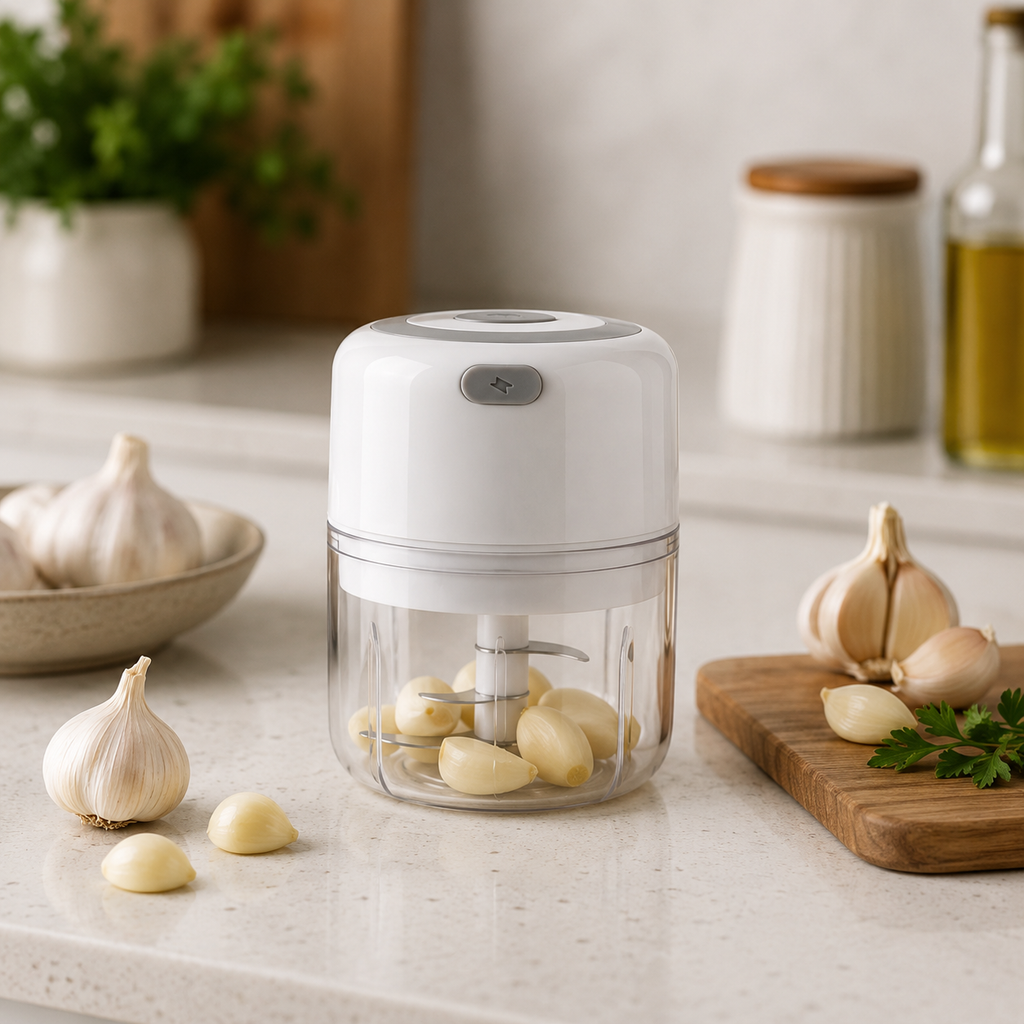 White garlic chopper on a kitchen counter with garlic cloves around it.
