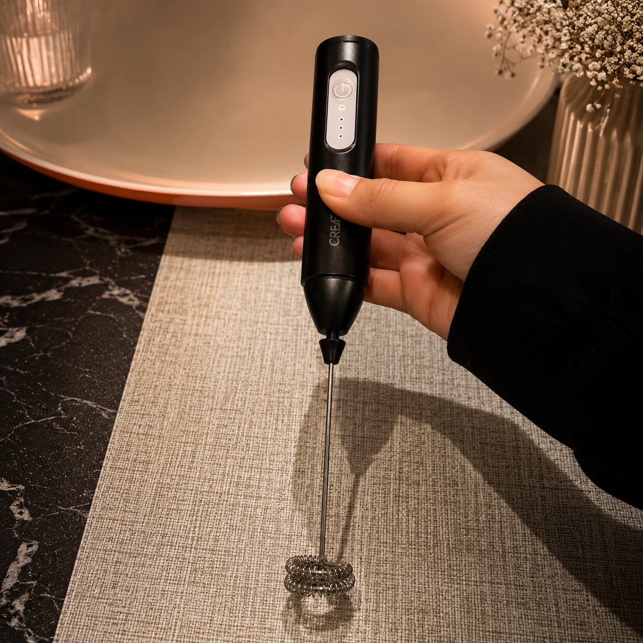 Handheld Frother – Sleek Black Electric Whisk Foryuni